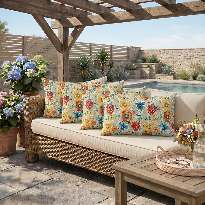 RSH DECOR: Lumbar Throw Pillows Set of 4 | 20” x 12" | All-Weather Spun Fabric | Outdoor Support Pillows for Patio Furniture | Made in USA (Colsen Sonoma)