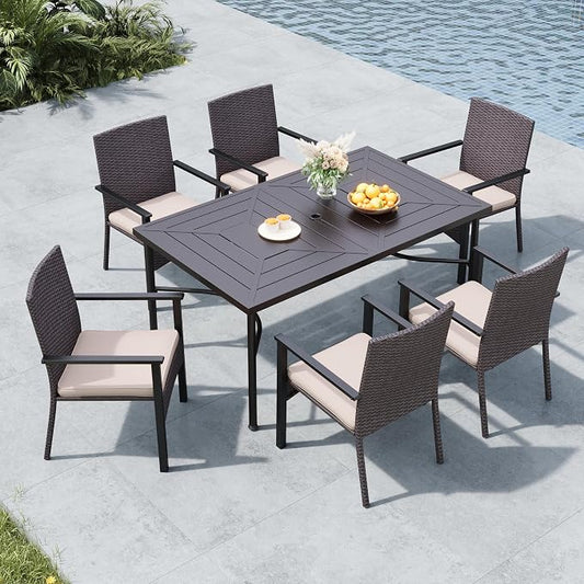 MFSTUDIO 7 Pieces Outdoor Dining Sets for 6, Rectangular Metal Dining Table & Wicker Chairs, Patio Table and Chairs Dining Furniture for Deck, Yard, Porch