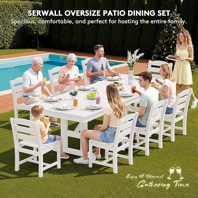 SERWALL Outdoor Armless Dining Chairs Set of 2, All-Weather HDPE Patio Chair with 19.7" Widened Seat, for Backyard, Garden, White