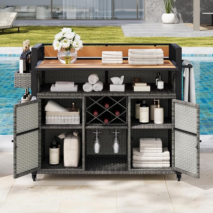 52.8" W Wicker Outdoor Bar Cart Table with Extended Plastic Wood Table Top, Outdoor Grill Cart with Large Storage Cabinet, for Patio Backyard Garden Poolside, Double Handle Design, Grey