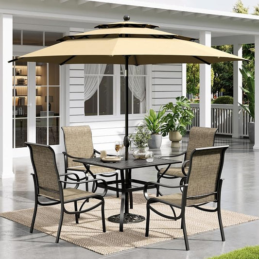 Sophia & William Patio Set with Umbrella Outdoor Dining Set with 10ft 3 Tier Beige Patio Umbrella, 4 x Fixed Dining Chairs & 1 Metal Table for Garden Backyard (No Umbrella Base)