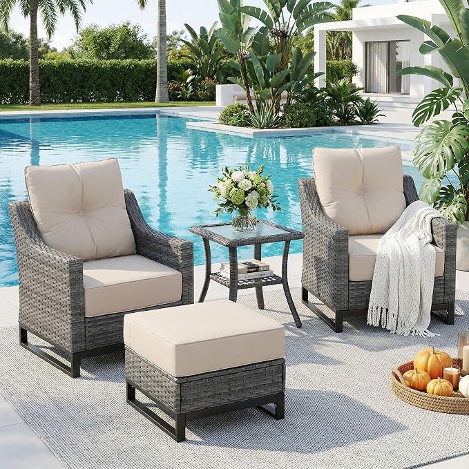 13 Piece Patio Furniture Set with 6" Thick Cushions, Weather-Resistant Wicker Swivel Rocker High Back Chairs and Fire Pit Table for Porch Yard Deck