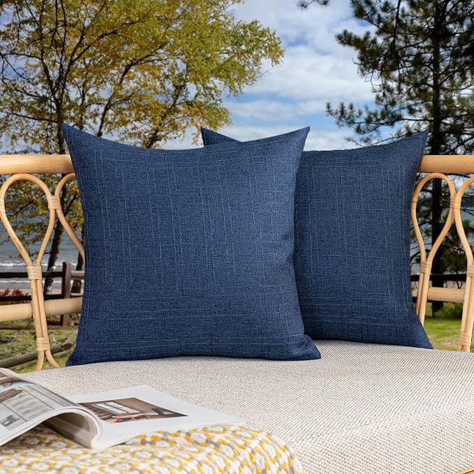 Kevin Textile Outdoor Waterproof 20”x20” Pillow Covers 2 Pack, Blue | Water Resistant, Soft Faux Linen-cotton Yarn-dyed Woven Texture Throw Pillow Covers for Tent Patio Garden Couch Sofa