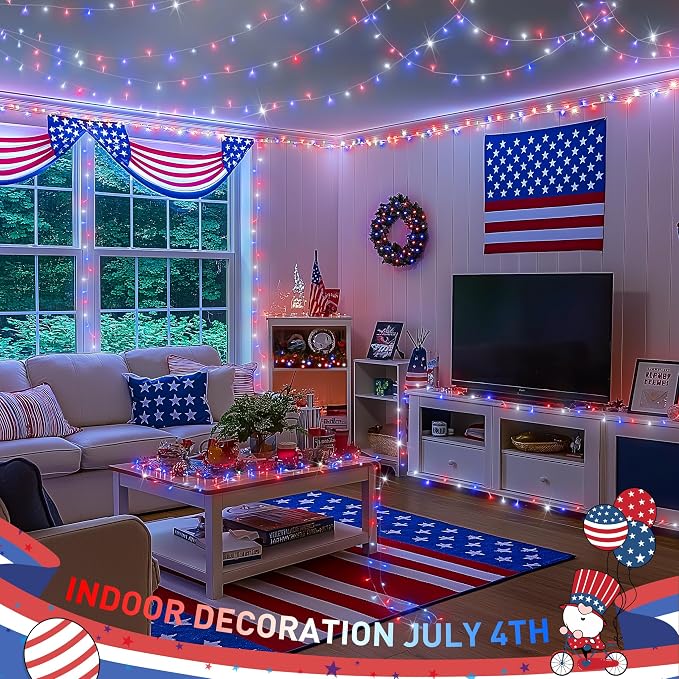 JMEXSUSS 4th of July Decorations, 33ft 100 LED Red White and Blue Lights | String Light Indoor Plug-in, 8 Modes Patriotic 4th of July Lights for Indoor Outdoor Independence Day American Flag Holiday