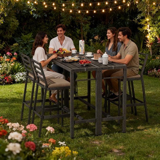 3Pcs Outdoor Patio Bar Set, 55" Rectangular High Top Table and Chairs Set with 2 Cushioned Bar Stools & Cover,Metal Pub Height Bistro Table Set for Balcony, Backyard, Porch, Deck,Garden, Pool
