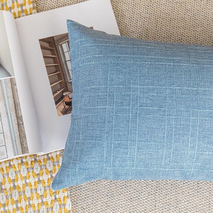 Kevin Textile Outdoor Waterproof 12”x20” Pillow Covers 2 Pack, Light Blue | Water Resistant, Soft Faux Linen-cotton Yarn-dyed Woven Texture Throw Pillow Covers for Tent Patio Garden Couch Sofa