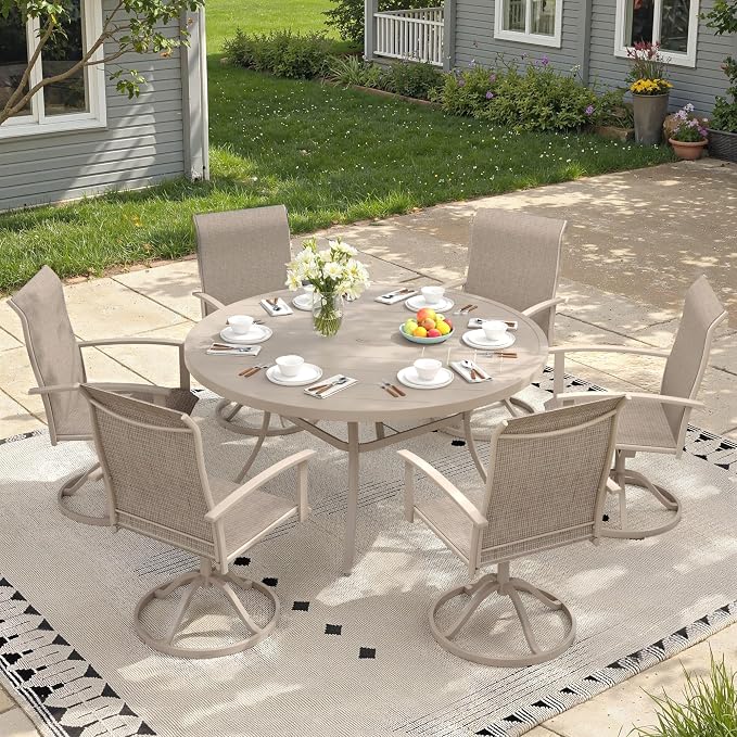 Outdoor Dining Table for 6, 50" Round Outdoor Table with Adjustable Umbrella Hole, All-Weather Metal Patio Dining Table for Lawn Garden Backyard Deck, Sandshell