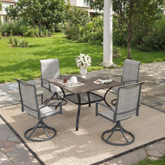 VICLLAX 5 Pieces Outdoor Dining Set, Patio Furniture Set Includes 38" Square Metal Table W/ 1.9" Umbrella Hole and 4 Padded Textilene Swivel Chairs for Porch, Lawn, Garden, Backyard