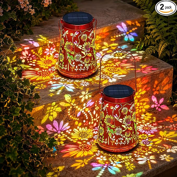 2 Pack Sunflower Solar Lanterns Outdoor Solar Lights | Sunflowers & Dragonfly, Waterproof Metal Hanging Lights for Patio, Pathway & Yard, Garden Decor Gifts for Women Mom & Grandma