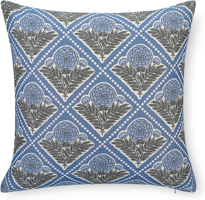 California Casual Coastal Indoor Outdoor Throw Pillow Cover, 20"x20" Water Repellent for Patio, Backyard, Couch, Azure Light Blue Block Print Vintage Hydrangea Flowers