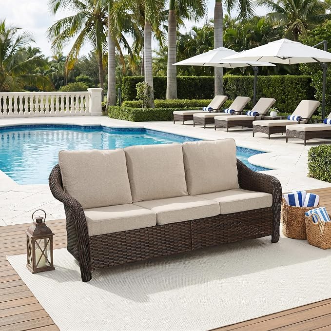 77 inch Outdoor Wicker 3 Seater Sofa, All-Weather Use Patio Rattan Sofa with Seat and Back Cushion, Ideal for Porch, Backyard, Balcony, Poolside, Beige