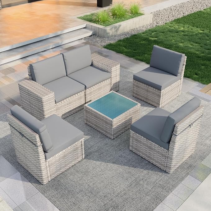 6-Piece Outdoor Patio Furniture Set, Rattan Wicker Conversation Set with Wide Armrests, Outdoor Modular Sectional Couch Seating Group Sofa for Deck Garden Porch (Gray Cushions)