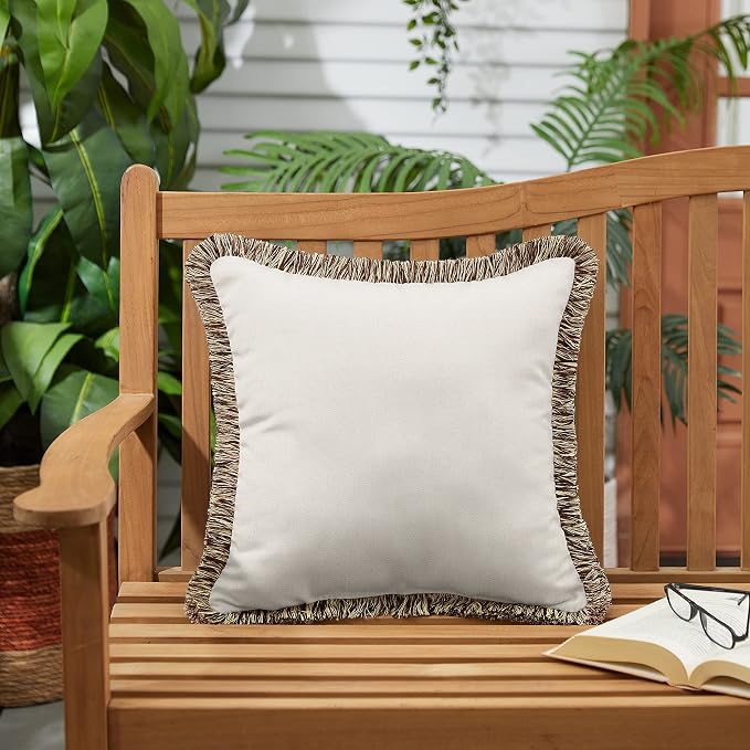 Sorra Home x Sunbrella Fringe Pillow, 18 x 18 x 6 inches, Canvas Natural and Brown