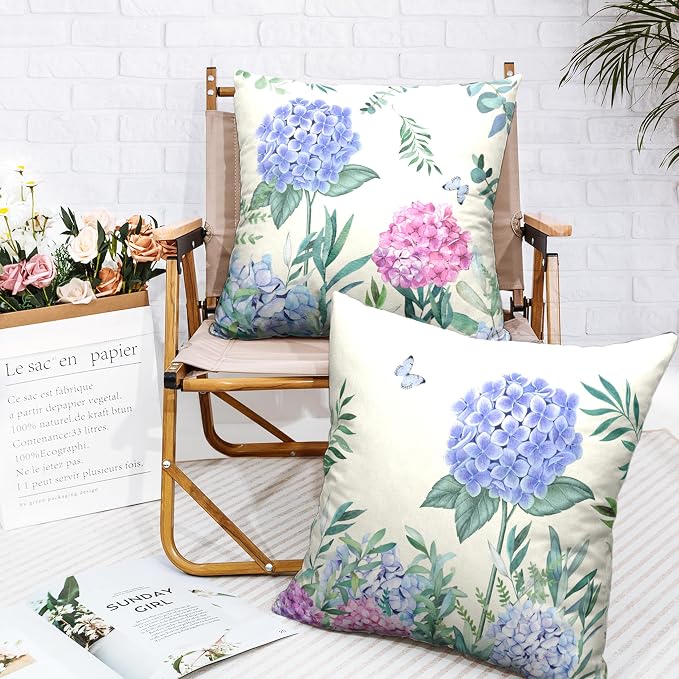 Watercolor Sping Flower Throw Pillow Covers Set of 2 Blue and Pink Hydrangea Pillow Case 24x24 Summer Floral Butterfly Cushion Case for Indoor Outdoor Patio Car