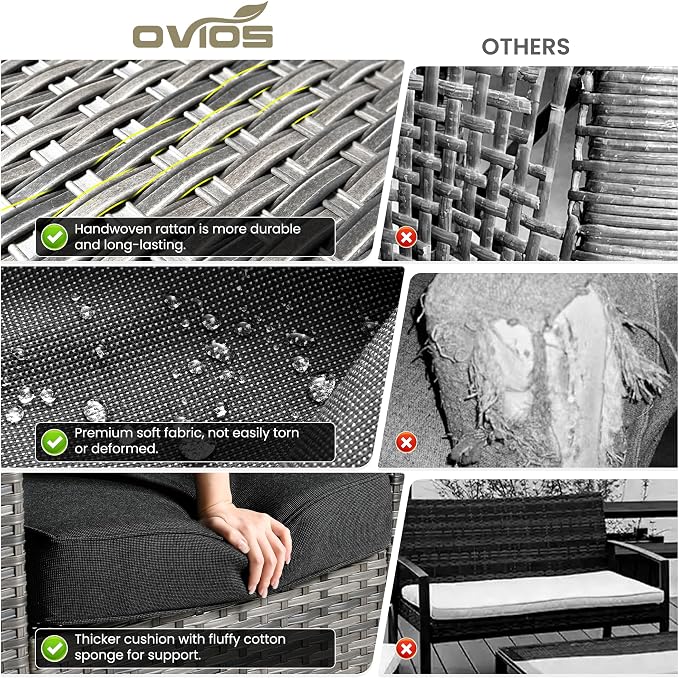 ovios 9 Pieces Patio Furniture Set, Outdoor Wicker Sofa Couch with Swivel Glider Chairs Fire Pit Table, Modern Deep Seat Rattan Conversation Sets for Deck Porch, Black
