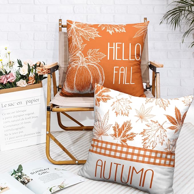 Hello Fall Pillow Covers Burnt Orange Maple Leaves Pumpkin Throw Pillow Covers 16x16 Set of 2 Autumn Pillowcase Double Sided Printing Cushion Case for Home Decor Couch Sofa