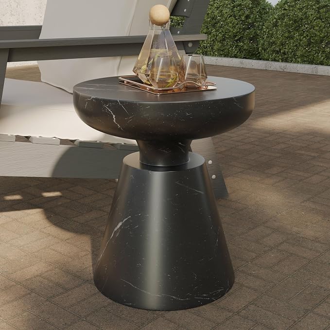 LeisureMod Isle Series Modern End Table – Minimalist Round Fiberstone Tabletop with Pedestal Base, Accent Side Table for Living Room, Bedroom, Patio in Marble Black