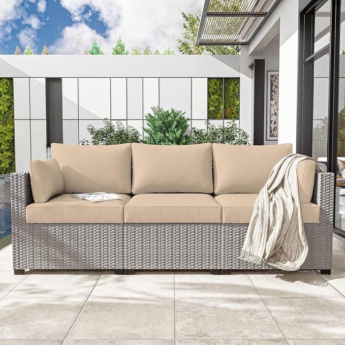 Outdoor Furniture Replacement Cushions, Waterproof Patio Furniture Cushions, 4" Deep Seat Outdoor Sectional Cushion for 3-Seat Outdoors Rattan Sofa Patio Sofa Cushion, Sand