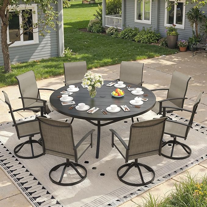 Outdoor Dining Table for 8, 60" Round Outdoor Table with Adjustable Umbrella Hole, All-Weather Metal Patio Dining Table for Lawn Garden Backyard Deck, Black