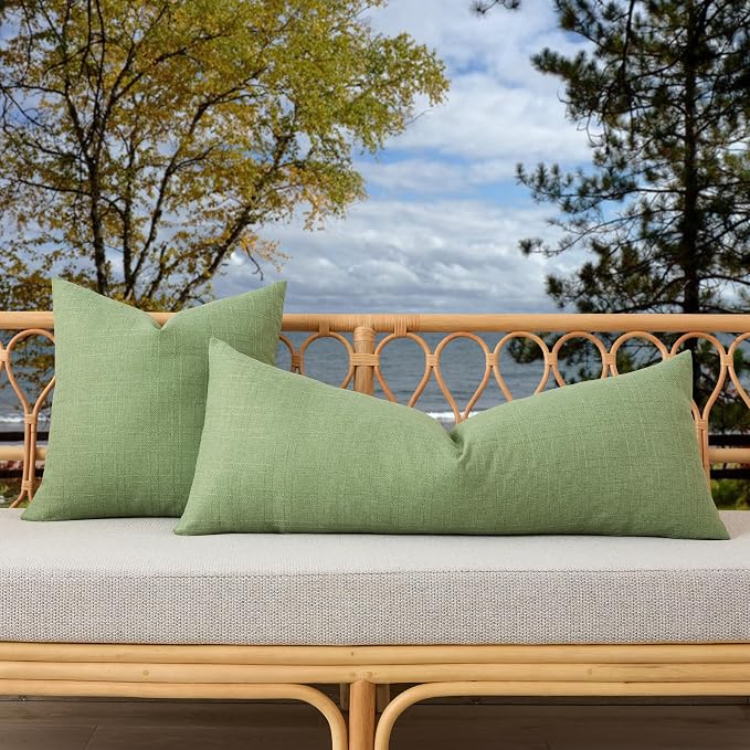 Kevin Textile Outdoor Waterproof 14”x36” Pillow Cover 1 Pack, Sage Green | Water Resistant, Soft Faux Linen-cotton Yarn-dyed Woven Texture Throw Pillow Covers for Tent Patio Garden Couch Sofa