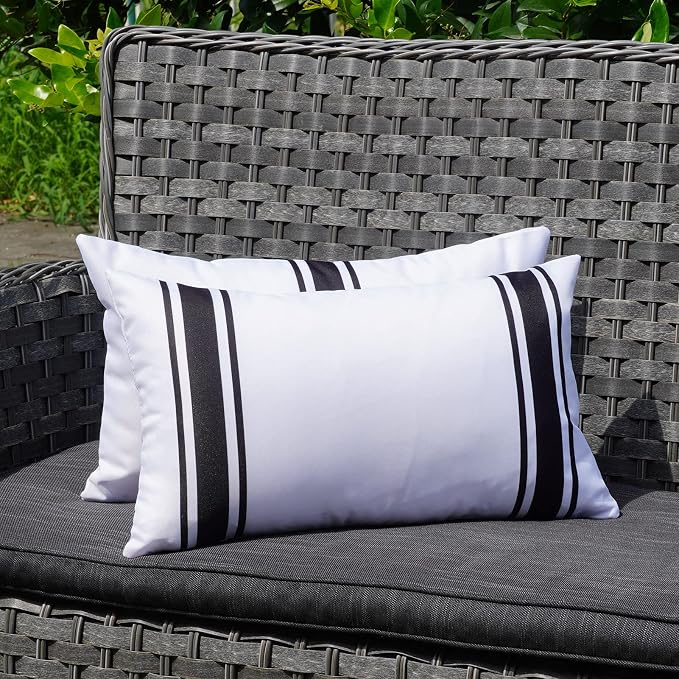 ONWAY Outdoor Pillow Covers 12X20 Waterproof Set of 2 Lumbar Throw Cushion Cover White and Black Striped Outdoor Pillows for Patio Furniture