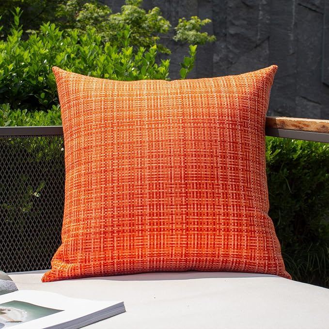 Kevin Textile Outdoor Waterproof 18x18 Inch Pillow Covers 2 Pack, Orange | Water Resistant, Faux Linen Yarn-dyed, Woven Texture Throw Pillow Covers for Tent Patio Garden Couch Sofa