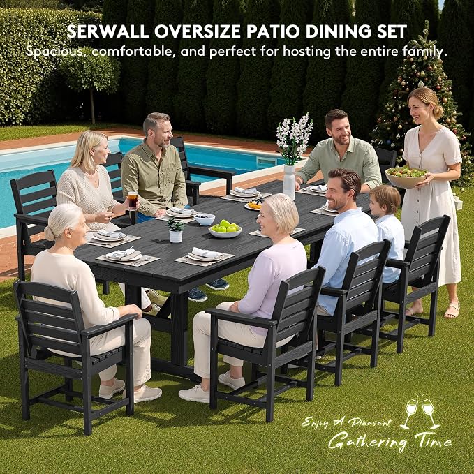 SERWALL Outdoor Dining Chairs Set of 4, All-Weather HDPE Patio Chair with 19.7" Widened Seat, for Backyard, Garden, Black