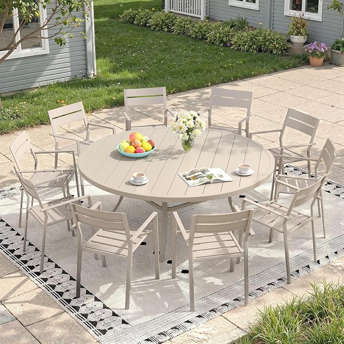 Patio Dining Set for 10, Round 63" Outdoor Dining Table and Chairs Set with Stackable Patio Chairs Outdoor Furniture for Garden Deck Backyard, Sandshell Table and Sandshell Chairs