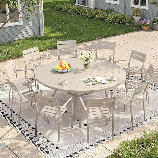 Patio Dining Set for 10, Round 63" Outdoor Dining Table and Chairs Set with Stackable Patio Chairs Outdoor Furniture for Garden Deck Backyard, Sandshell Table and Sandshell Chairs