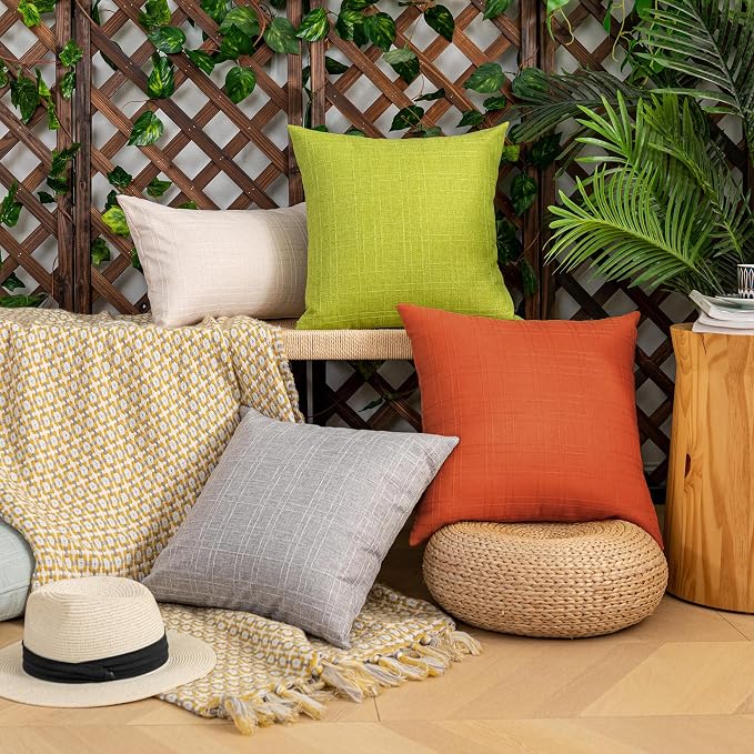 Kevin Textile Outdoor Waterproof 18”x18” Pillow Covers 2 Pack, Orange | Water Resistant, Soft Faux Linen-cotton Yarn-dyed Woven Texture Throw Pillow Covers for Tent Patio Garden Couch Sofa