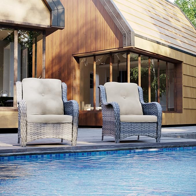 Outdoor Wicker Chair Rattan Patio Dining Chairs Set of 2 PE Wicker Patio Chairs with 3.5 inch Seat Cushions Outdoor Patio Seating Chair for Garden, Backyard Swimming Pool, Balcony, Beige