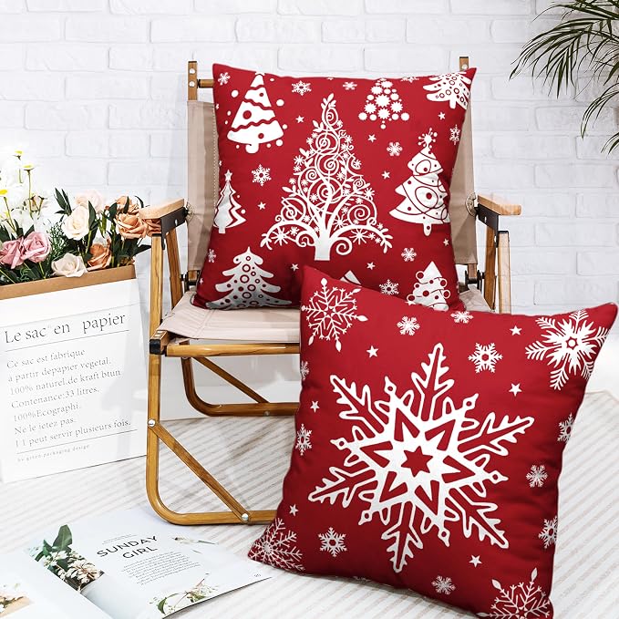 Red Christmas Pillow Covers 16x16 Winter Xmas Tree with Snowflakes Throw Pillow Covers Holiday Cushion Case for Christmas Decorations Living Room Outdoor Set of 2