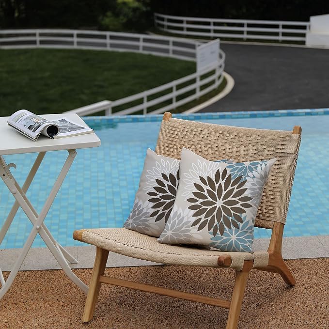 DFXSZ Outdoor Waterproof Pillow Covers 16x16 Set of 2 Brown Blue Flower | Spring Summer Waterproof Flower Throw Pillowcases（No Inserts）Outdoor Decor for Patio Funiture Garden Polyester Covers