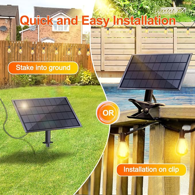 Stright Solar String Light for Outside 120FT with with USB Charging & Remote, Weatherproof Shatterproof LED S14 Bulb 50 Socket, Dimmable & Timable Solar Powered Patio Lights for Porch Backyard Garden