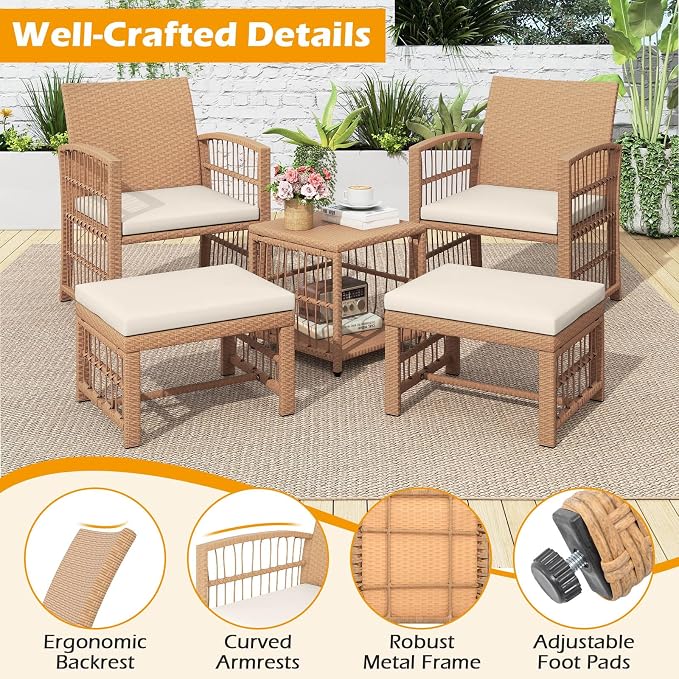 HAPPYGRILL 5 Pieces Patio Conversation Set PE Rattan Balcony Furniture Set with 2 Armchairs, 2 Ottomans & 2-Tier Side Table, Outdoor Wicker Chair Set with Cushions