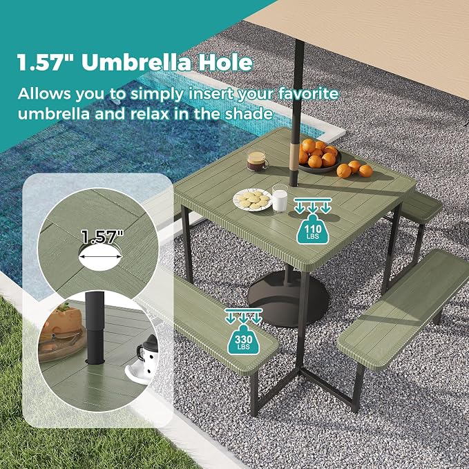 Giantex Picnic Table Bench Set for 4-8 People, 34" Outdoor Square Dining Table & 2 Benches w/Umbrella Hole, HDPE Tabletop, Metal Frame, Patio Camping Furniture for Backyard Porch Lawn (Green,Square)
