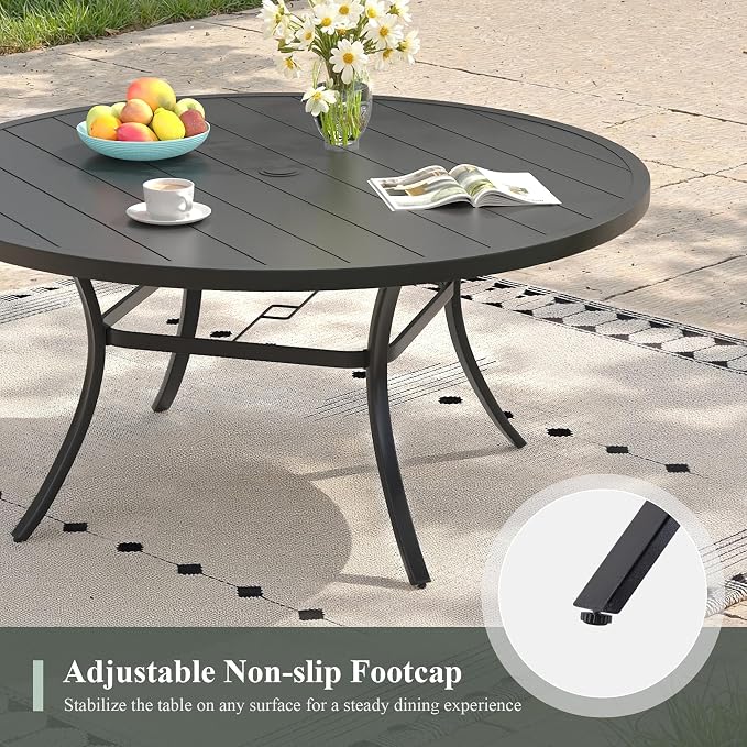 Outdoor Dining Table for 6, 50" Round Outdoor Table with Adjustable Umbrella Hole, All-Weather Metal Patio Dining Table for Lawn Garden Backyard Deck, Black