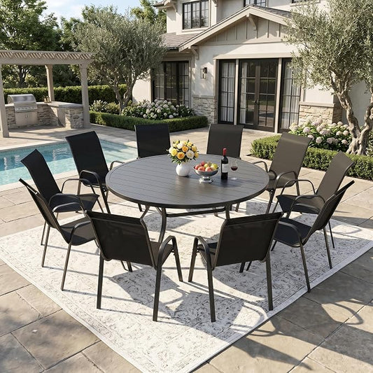 DIFY 11 Piece Outdoor Dining Set, 60" Black Round Metal Patio Table and Dark Grey Textilene Stackable Chairs for 10, All Weather Patio Furniture Set with Umbrella Hole for Backyard Garden Deck
