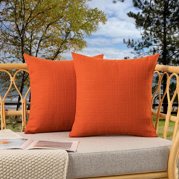 Kevin Textile Outdoor Waterproof 18”x18” Pillow Covers 2 Pack, Orange | Water Resistant, Soft Faux Linen-cotton Yarn-dyed Woven Texture Throw Pillow Covers for Tent Patio Garden Couch Sofa