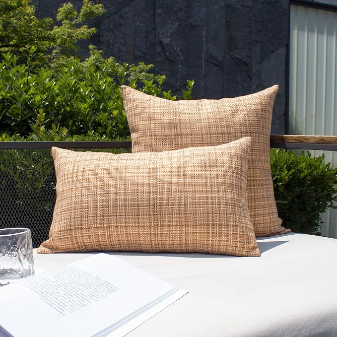Kevin Textile Outdoor Waterproof 22x22 Inch Pillow Covers 2 Pack, Beige | Water Resistant, Faux Linen Yarn-dyed, Woven Texture Throw Pillow Covers for Tent Patio Garden Couch Sofa