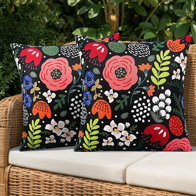 Pyonic Waterproof Outdoor Pillow Covers 18x18 Set of 2, Colorful Floral Decorative Cushion Covers for Patio Furniture, Garden, Balcony,Sunbrella，Boho Nordic Outdoor Indoor Home Decor，Black