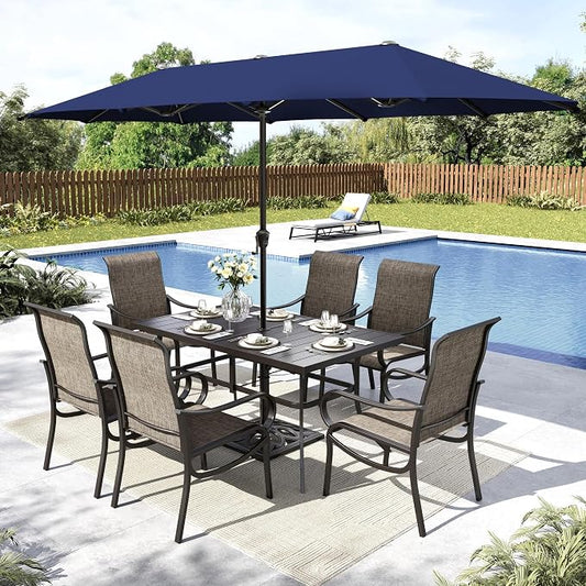 MFSTUDIO Patio Dining Set for 6, Outdoor Dining Set with Umbrella, Patio Furniture Set with Rectangular Table & Textilene Chairs & Navy Blue Umbrella (Base not Included)