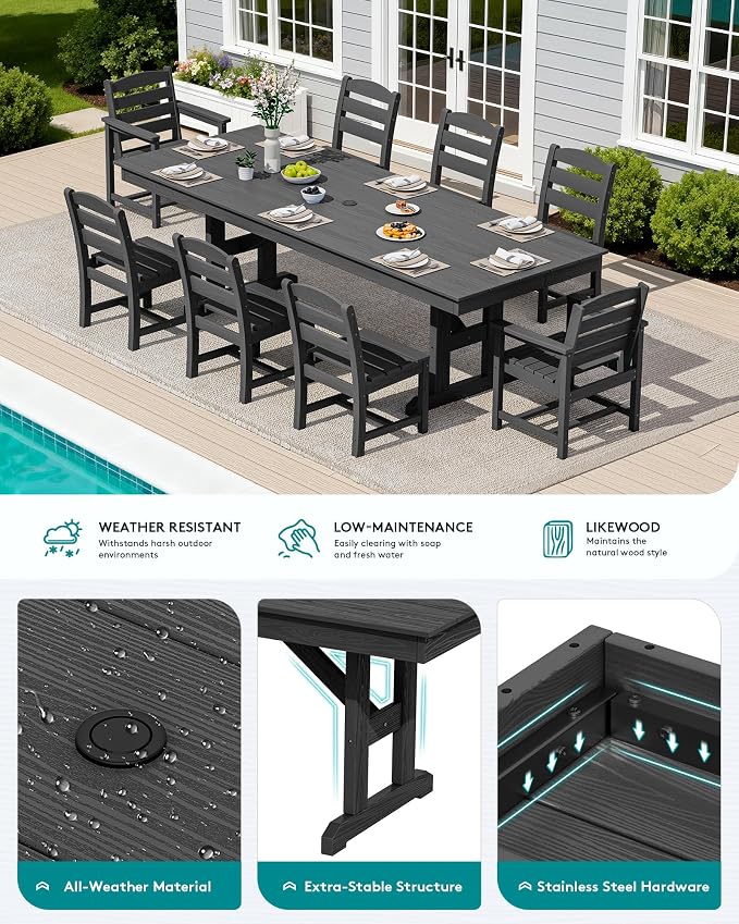 SERWALL 9 Piece Outdoor Dining Set, 84" HDPE Outdoor Table with 6 Armless Chairs and 2 Armchairs ，All Weather Patio Dining Furniture Set with Umbrella Hole for Backyard, Garden, Black
