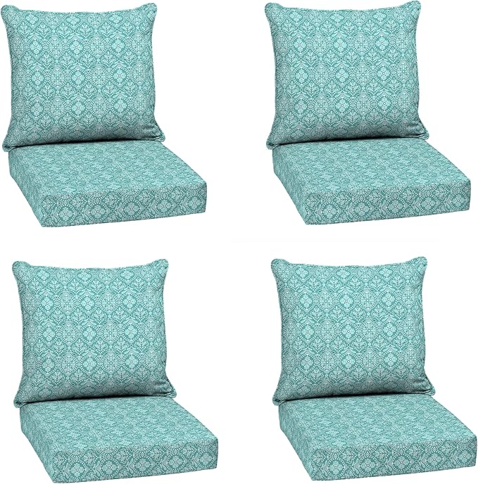 Arden Deep Seat Outdoor Chair Cushion Set (4-Pack), 24 in x 24 in, Weather-Proof, Rain-Proof, Fade Resistant Patio Cushion Set for Chair, Sofa, and Couch Turquoise Daphne Medallion | Outdoor Sofa, Couch, Conversation Set, Weather-Proof, Rain-Proof, Fad...