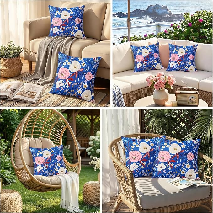 Pyonic Blue Waterproof Outdoor Pillow Covers 18x18 Set of 2, Colorful Floral Decorative Cushion Covers for Patio Furniture, Garden, Balcony,Sunbrella，Boho Nordic Outdoor Indoor Home Decor