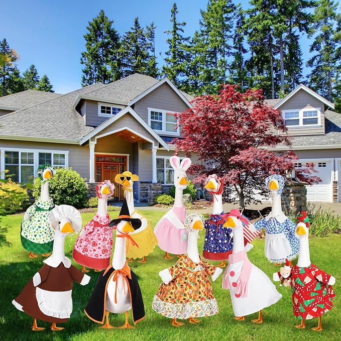 11 Set Holiday Porch Goose Outfits All Seasons Goose Clothes Umbrella Easter Statue Costume for Patio Lawn Outdoor