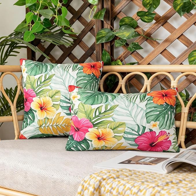 Outdoor Pillow Covers 12x20 Inch Set of 2, Tropical Floral Plants Modern Throw Pillows Cases Waterproof Square Garden Cushion Sham for Patio Funiture Tent Balcony Bench Sofa Couch, Pink Green