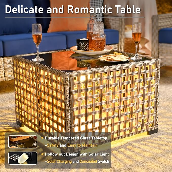 HOOOWOOO Outdoor Sectional Furniture Set,8 Pieces Wicker Patio Conversation Sets,L Shape All Weather Outside Couch Sofa Set with Swivel Chairs Solar Light Table Ottoman,Black