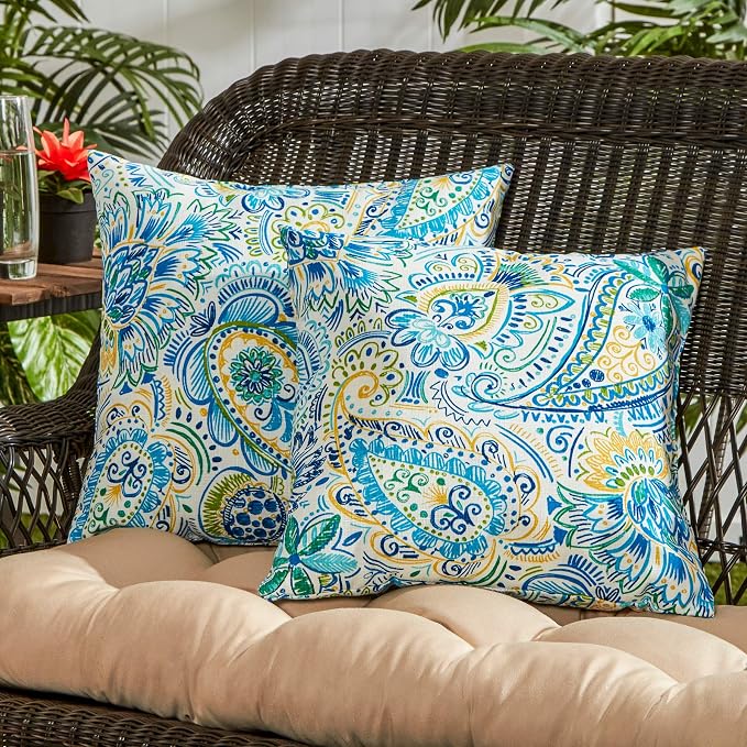South Pine Porch Outdoor 17-inch Square Accent Pillow, Set of 2, Baltic Paisley