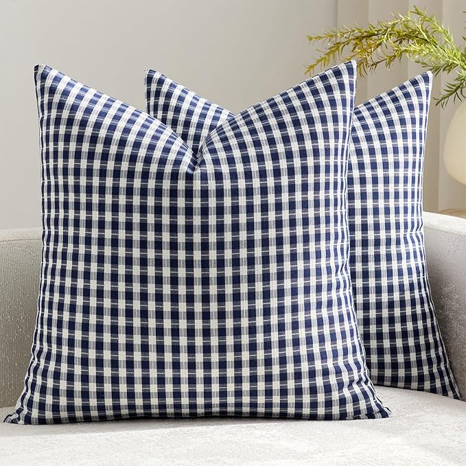Navy Blue Outdoor Throw Pillow Covers 18x18 Set of 2, Waterproof Plaid Pillow Cases, Modern Farmhouse Gingham Cushion Covers for Couch Patio Garden Living Room